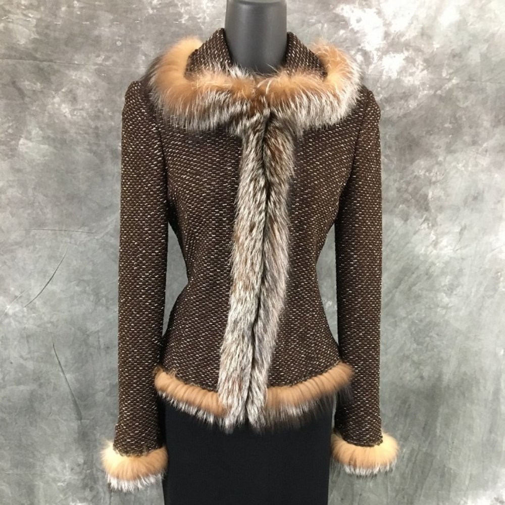 NEW St John couture fur knit brown suit jacket 2